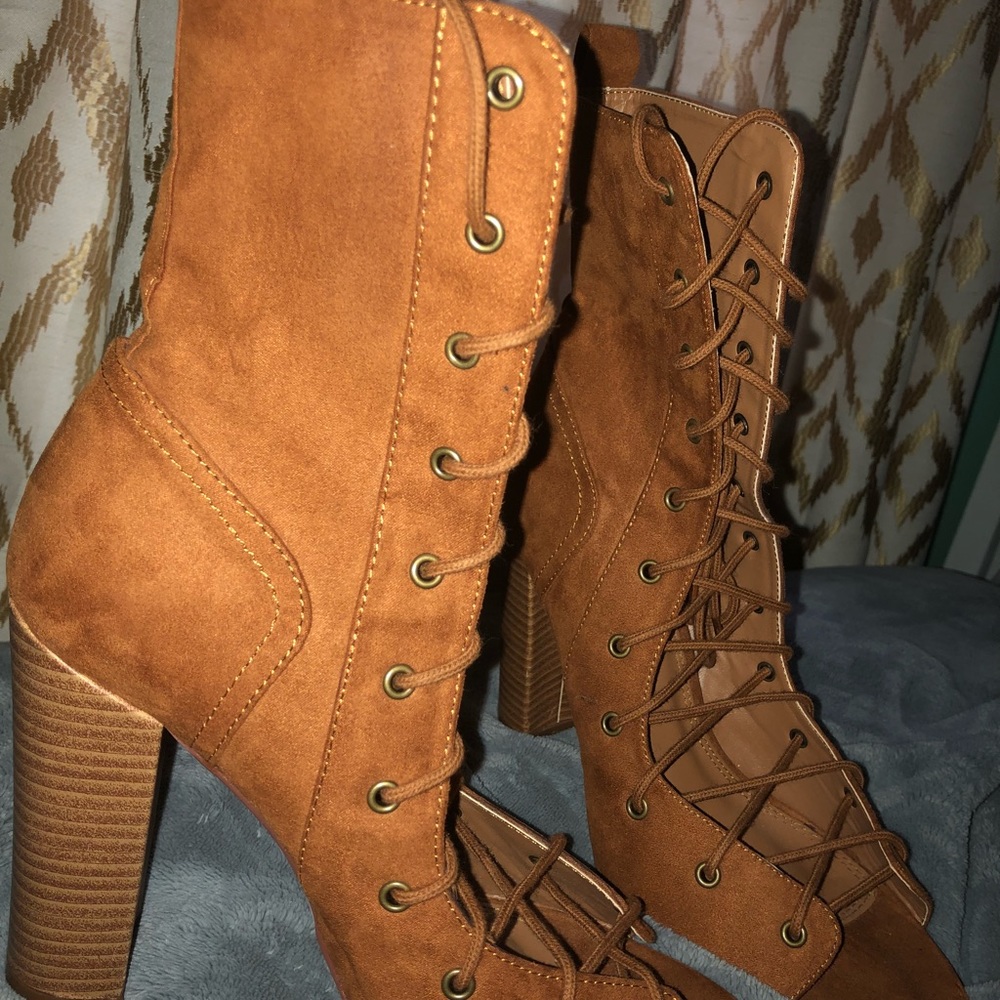 Brown suede lace up heels